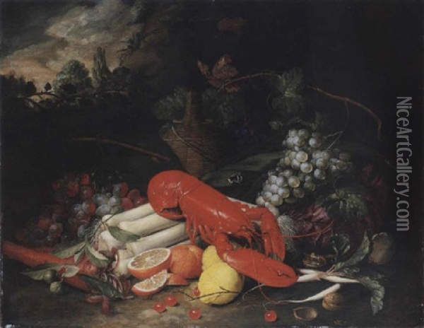 Still Life Of A Lobster, Leeks, Carrots, Radishes, Cabbage, Grapes, Oranges, Lemons, Cherries And Walnuts Oil Painting - Jan Pauwel Gillemans The Elder