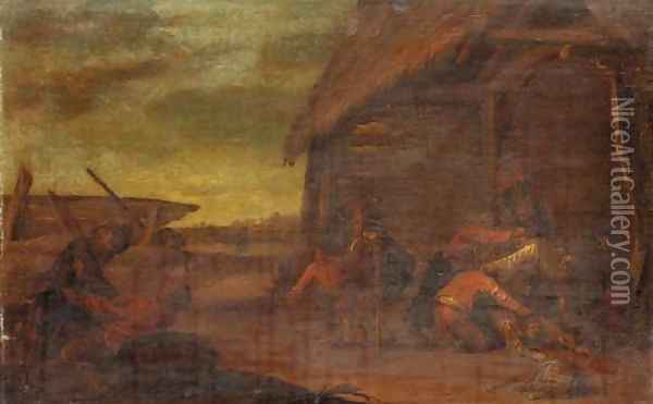 Peasants brawling outside a tavern Oil Painting - Joost Cornelisz. Droochsloot