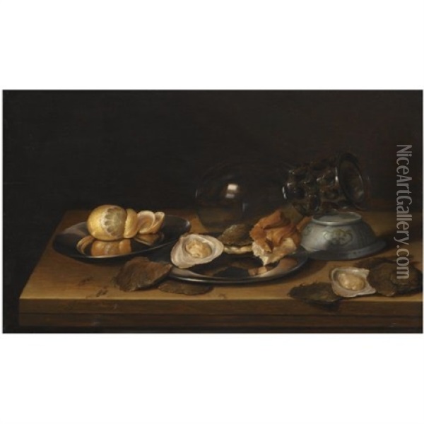 Still Life With A Roemer On Its Side, Two Pewter Plates Adorned With A Partly-peeled Lemon, An Oyster And A Bread Roll, All Arranged On A Wooden Table-top Oil Painting - Jan Davidsz De Heem
