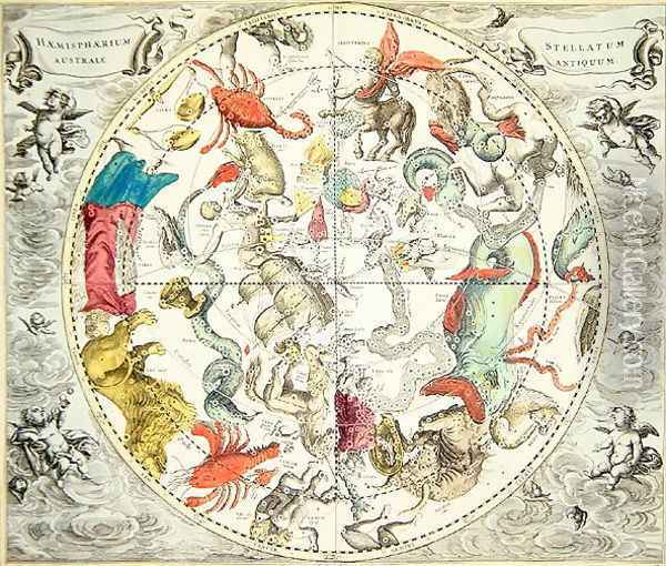 Map of the Southern Hemisphere, from 'The Celestial Atlas, or The Harmony of the Universe' 1660 Oil Painting - Andreas Cellarius