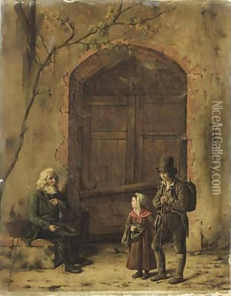Deux Enfants Passant Devant Un Vieillard Oil Painting - Claude Jacquand