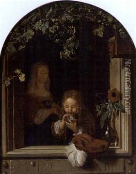 A Boy Blowing Bubbles In A Window, Behind Him A Woman With A Dog Oil Painting - Frans van Mieris the Elder