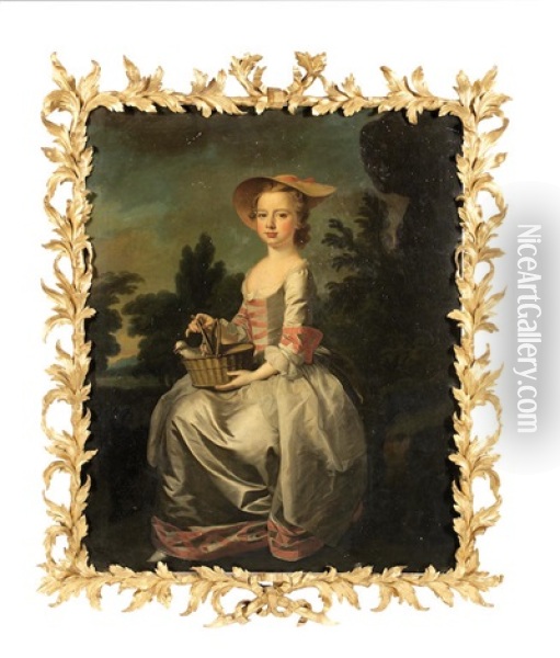 Portrait Of Albinia Bertie As A Young Girl, Seated In A Landscape Holding A Basket Of Doves, A Spaniel At Her Feet In An Exceptional Carved And Gilt English Rococo Frame Oil Painting - Thomas Hudson