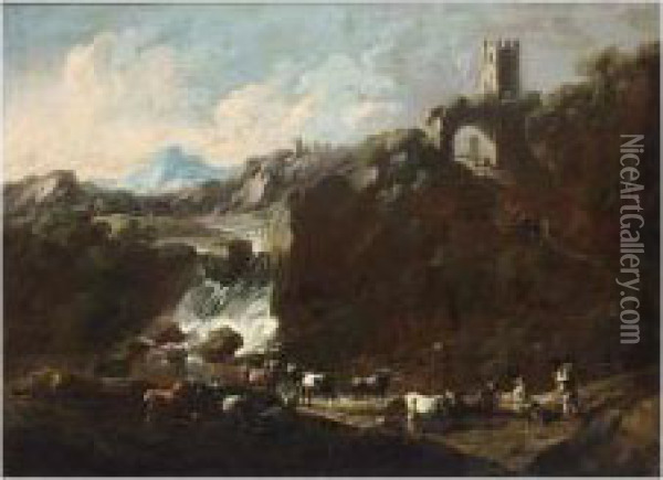 An Italianate Rocky River Landscape With A Waterfall And Cowherds With Their Herd Oil Painting - Gaetano De Rosa