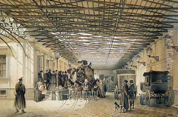 Departure of a Stagecoach from St. Petersburg Station, 1848 Oil Painting - Luigi (Ludwig Osipovich) Premazzi