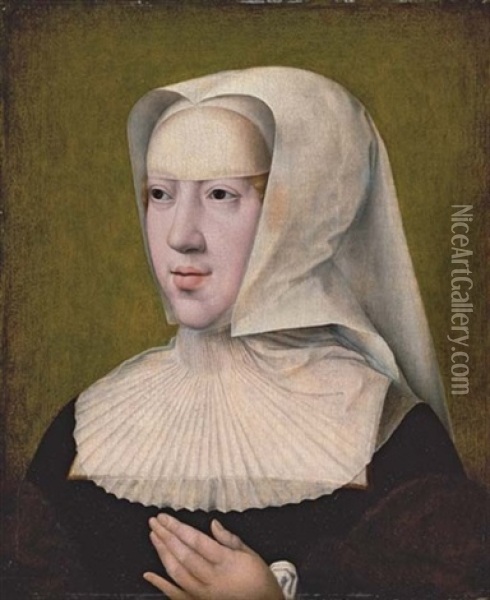 Portrait Of The Archduchess Margaret Of Austria, Against A Green Background Oil Painting - Bernaert (Barend) van Orley