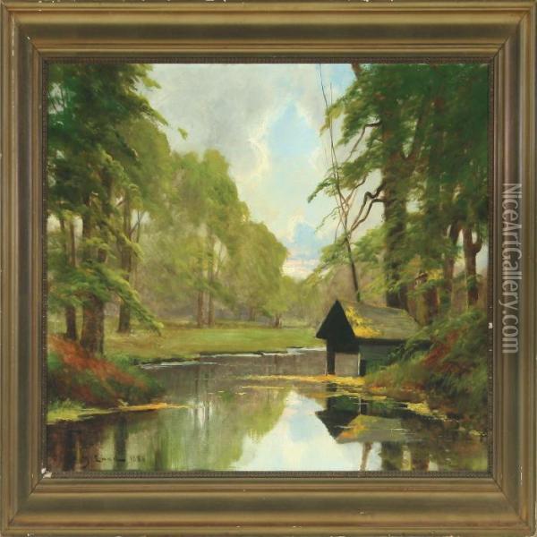 Scenery With A Forest Lake Oil Painting - Carl Ove Julian Lund