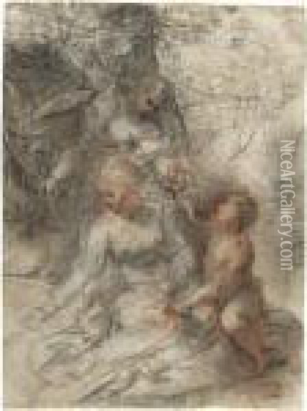 Recto: The Rest On The Flight Into Egypt Verso: Sketch Of A Male Nude Oil Painting - Federico Fiori Barocci