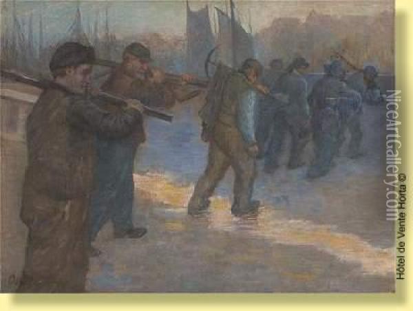 Fin De Journee Au Port Oil Painting - Charles-Dominique-Oscar Lahalle