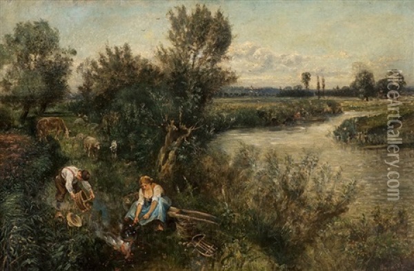 Rest At The Waterside Oil Painting - Karl Peter Burnitz