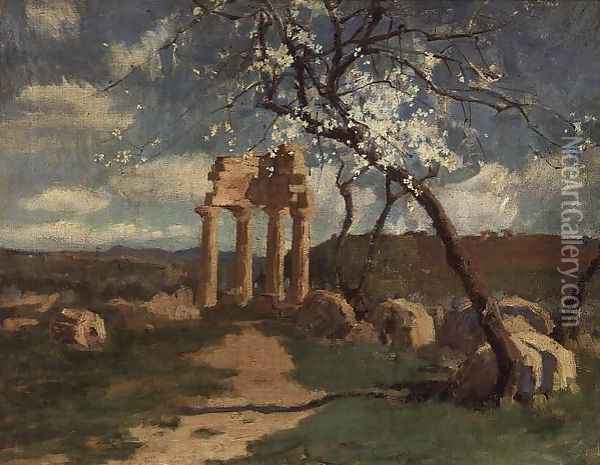 Almond Trees and Ruins, Sicily, c.1887 Oil Painting - John Peter Russell