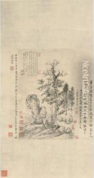 Bamboo And Rock Oil Painting - Hui Wang