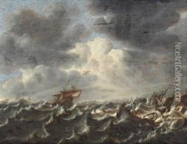 Schepen Op Woeste Zee Voor Een Rotskust Oil Painting - Claes Claesz. Wou