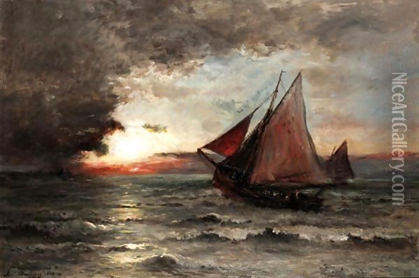 Fishing Boats At Sunset Oil Painting - Karl Pierre Daubigny