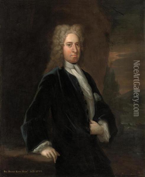 Portrait Of A Gentleman, 
Traditionally Identified As Sir Henryking, Three-quarter Length, In A 
Blue Coat, A Landscape Beyond Oil Painting - Sir Godfrey Kneller