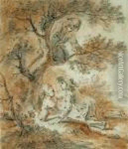 A Pastoral Scene With Young Lovers Under A Tree With A Figure Looking On Oil Painting - Watteau, Jean Antoine