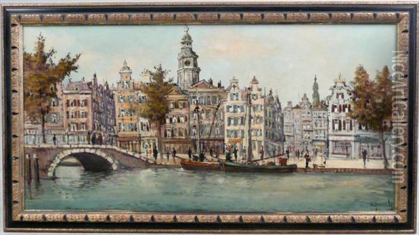European Canal Scene Oil Painting - Bessie Kennedy
