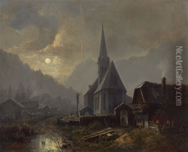 A Church In Ramsau In The Moonlight Oil Painting - Heinrich Buerkel