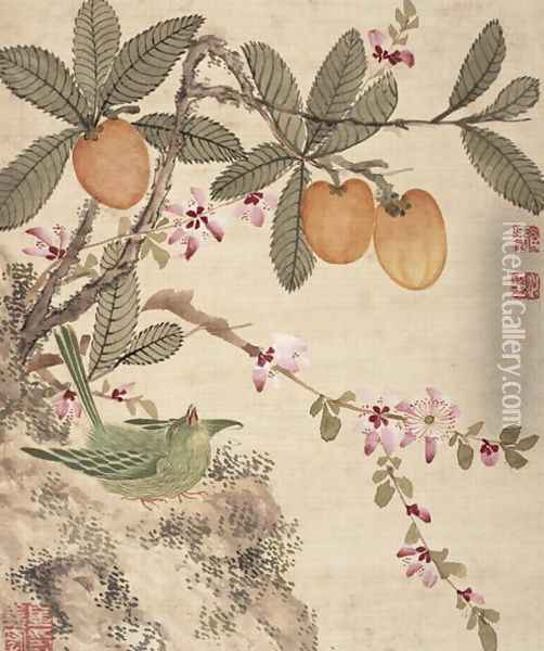 One of a series of paintings of birds and fruit, late 19th century 2 Oil Painting - Guoche Wang
