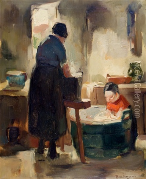 Vrouw Met Kindje Bij De Wastobbe Oil Painting - Han Van Meegeren