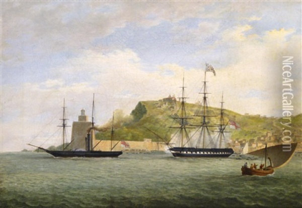 Paddle Steamer H.m.s. Salamander Towing A Frigate Out Of Corunna, Spain Oil Painting - Joseph Schranz