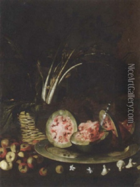 Celery In A Basket, A Sliced Watermelon On A Silver Plate, With Apples, All On A Ledge Oil Painting - Giuseppe Ruoppolo