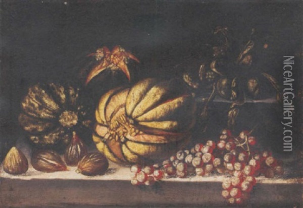 Melons, Grapes And Figs On A Ledge Oil Painting - Giovanni Battista Ruoppolo