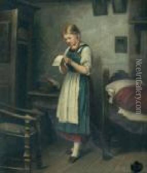 Young Girl With A Letter. Oil Painting - Edouard Frere