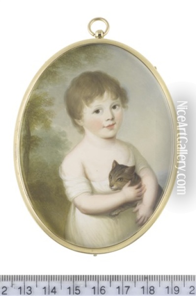 Mrs Jane Pennell (nee Hyde) (1799-1876) As A Young Girl, Standing Before A Landscape, Holding A Kitten In Her Arms And Wearing White Short Sleeved Dress Cut To Her Shoulders, Her Brown Hair Cut Short Oil Painting - James Leakey