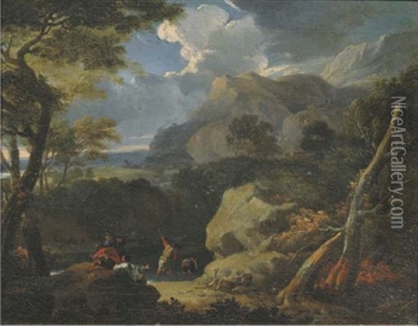 A Mountainous Landscape With A Peasant Fishing By A Stream At The Edge Of A Wood Oil Painting - Pieter Mulier the Younger