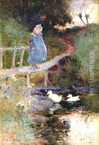 Young Girl On A Bridge With Ducks On The Water In Foreground Oil Painting - James Mackay