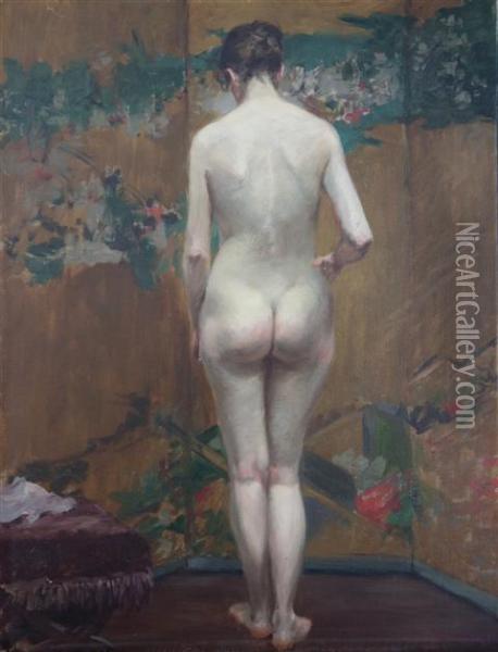 Artist's Model With Japanese Screen Oil Painting - Addison Thomas Millar