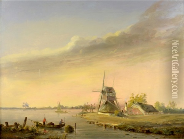 Seaside Landscape With A Windmill Oil Painting - Simon Van Gelderen