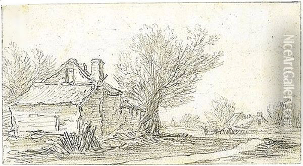 A Sketchbook Sheet A Cottage Beside Trees To The Left, And A Path To The Right And Other Cottages And Animals Behind Oil Painting - Jan van Goyen