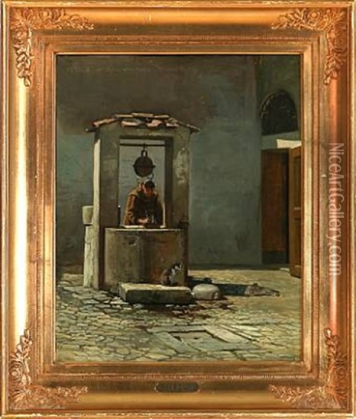 Scene From Rome With A Monk At A Well In The Courtyard In The Bonaventura Cloister Oil Painting - Frederik Christian Lund