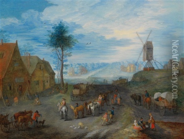 A Village Landscape With A Windmill And A Covered Wagon Oil Painting - Joseph van Bredael