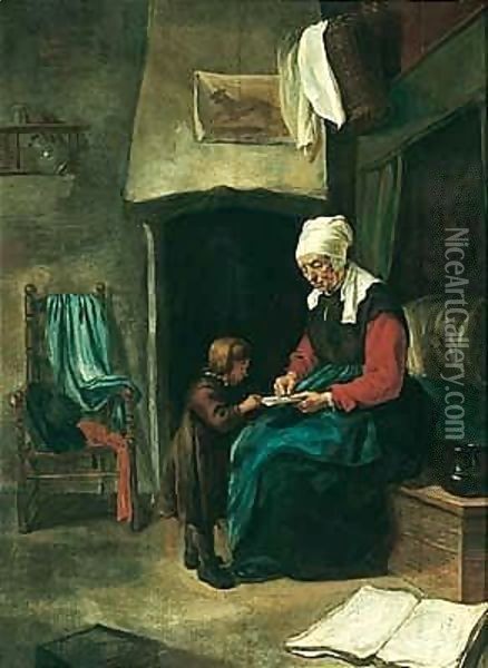 A domestic interior wtih an old maid teaching a young boy to read Oil Painting - Esaias Boursse
