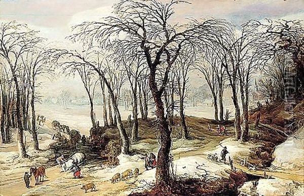 A winter landscape with an overturned horse-drawn cart, and figures driving a herd of pigs down a track Oil Painting - Joos De Momper