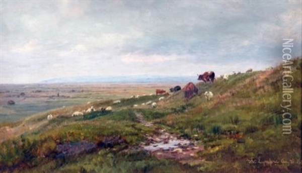 Cattle And Sheep Grazing In Open Landscape Oil Painting - William Luker Sr.