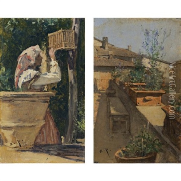 Ein Madchen Beim Vogelkafig (the Birdcage)(+ Ein Dachgarten (a Roof Garden): Pair) Oil Painting - August Xaver Carl von Pettenkofen