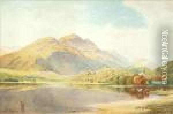 Cattle By A Loch In A Mountainous Landscape Oil Painting - Harry Sutton Palmer