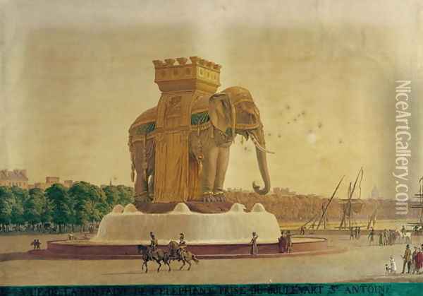 View of the Elephant Fountain at the Place de la Bastille c.1805-1810 Oil Painting - Jean Antoine Alavoine