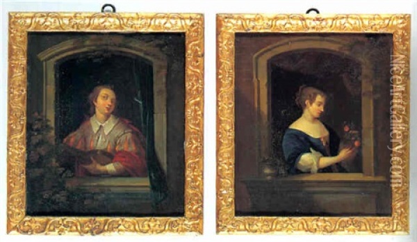 Ung Mand Med Mandolin I En Vinduesabning Oil Painting - Willem van Mieris