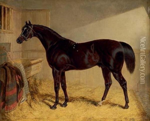 Touchstone, Winner Of The 1834 St. Leger, In A Stable Oil Painting - John Frederick Herring Snr