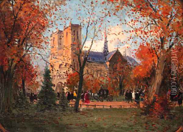 Figures before Notre Dame, Paris Oil Painting - Antal Berkes