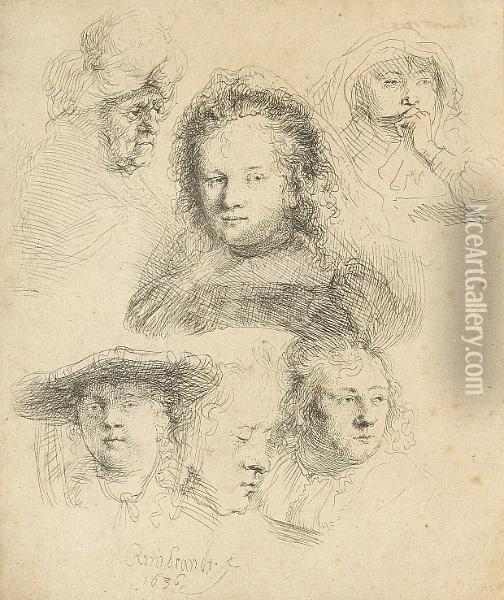 Studies Of The Head Of Saskia And Others Oil Painting - Rembrandt Van Rijn