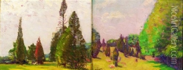Rural Landscape With Fields And Cypress (+ Another, Similar; 2 Works) Oil Painting - Robert Henry Logan