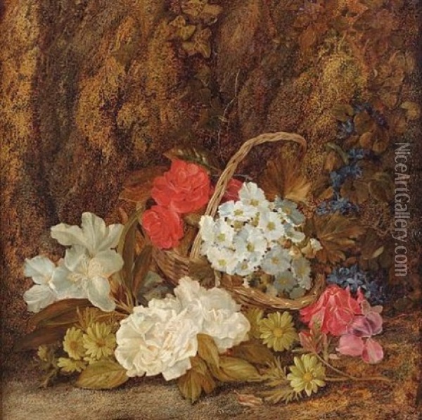 Still Life With White Roses, Primulas And Violets On A Mossy Bank Oil Painting - Vincent Clare