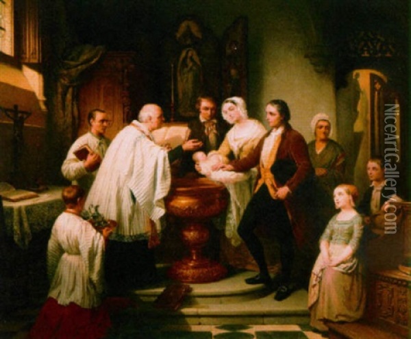 The Baptism Oil Painting - Pierre Paul Alouis Hunin