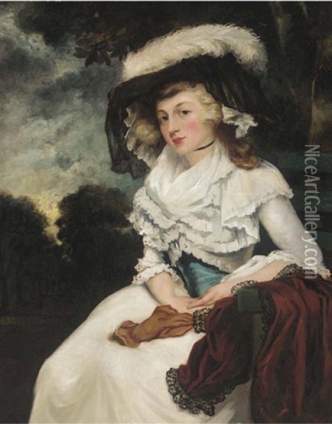 Portrait Of A Lady, Seated Three-quarter-length, In A White Dress With A Blue Sash, And A Feathered Hat, In A Landscape Oil Painting - Sir John Hoppner